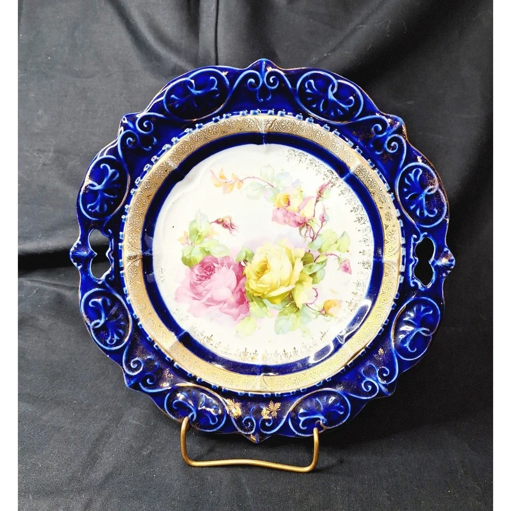 Antique Cobalt Blue Porcelain Cabinet Plate Gold Gilt Floral Roses Embossed 9.5